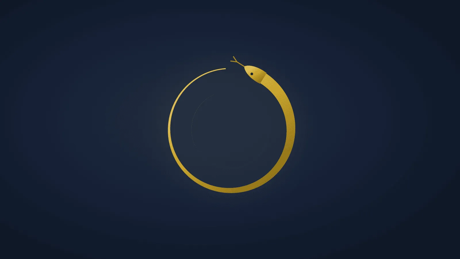 A gold serpent curved into a near-complete circle, its tail tapering toward its own head, on a deep indigo field.